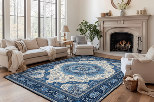 Tapis de Salon Oriental Bleu et Crème — Motif Médaillon Floral Bohème — Grand Tapis Antidérapant