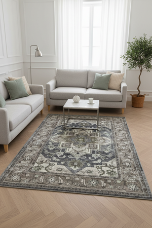 Tapis de Salon Oriental Gris Taupe — Motif Médaillon Étoile Vintage — Grand Tapis Antidérapant
