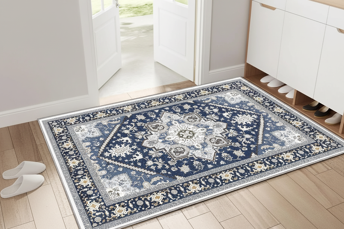 Tapis d'Entrée Oriental Bleu Marine — Motif Géométrique Boho Ethnique | Tapis Antidérapant