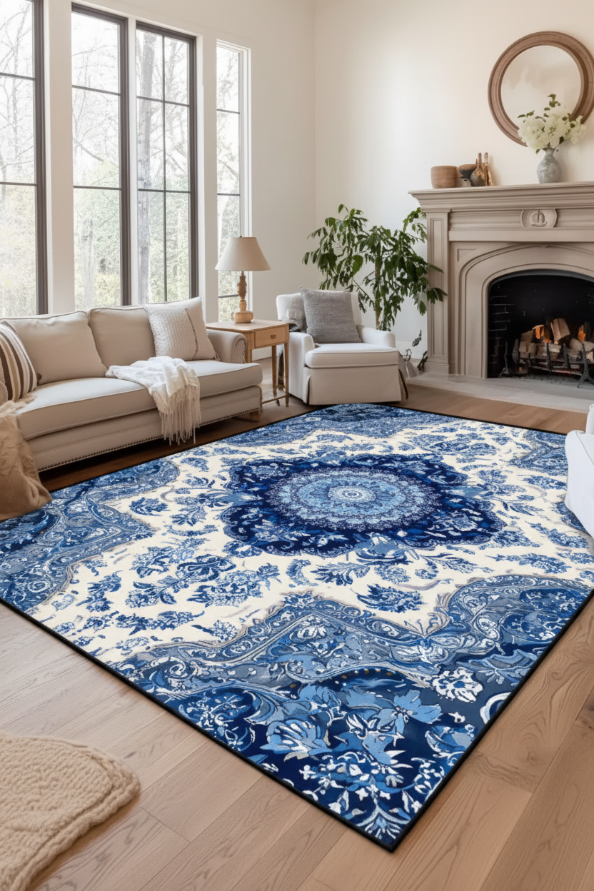 Tapis de Salon Oriental Bleu et Blanc — Motif Médaillon Floral Aquarelle — Grand Tapis Antidérapant