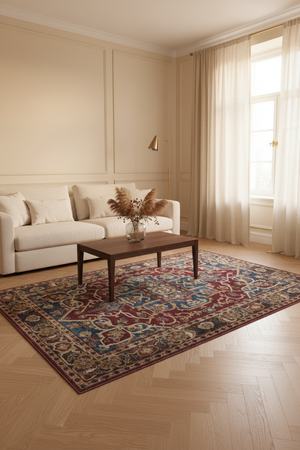 Tapis de Salon Oriental Rouge et Bleu — Motif Médaillon Vintage Élégant — Grand Tapis Antidérapant