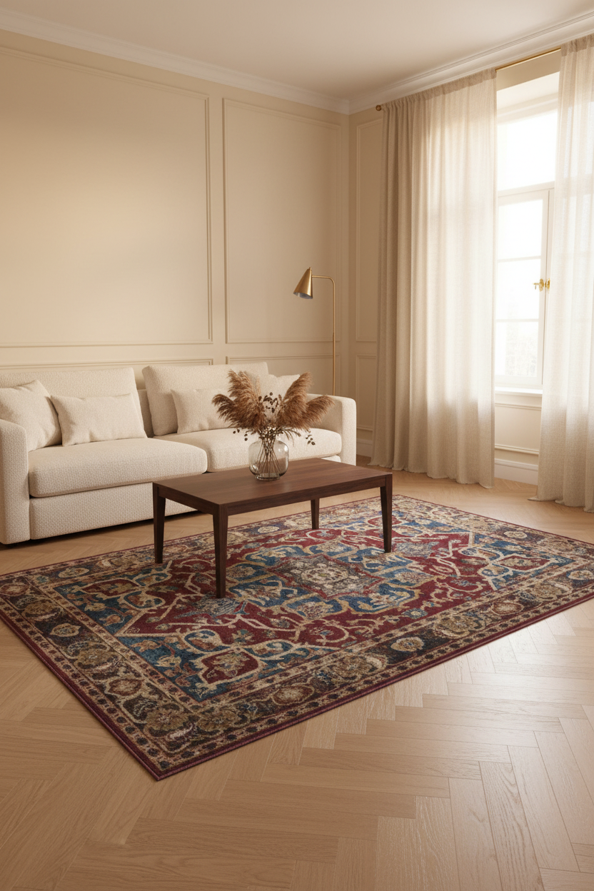 Tapis de Salon Oriental Rouge et Bleu — Motif Médaillon Vintage Élégant — Grand Tapis Antidérapant