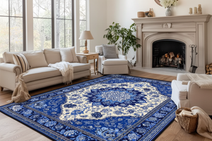 Tapis de Salon Oriental Bleu Roi — Motif Médaillon Floral Vibrant — Grand Tapis Antidérapant