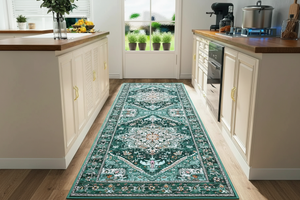 Tapis de Cuisine Oriental Long Vert Émeraude — Motif Médaillon Vintage — Tapis Antidérapant