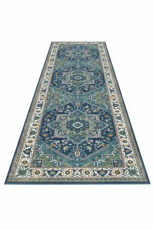 Tapis de Couloir Oriental Bleu Canard et Ivoire — Motif Médaillon Vintage — Tapis Long Antidérapant