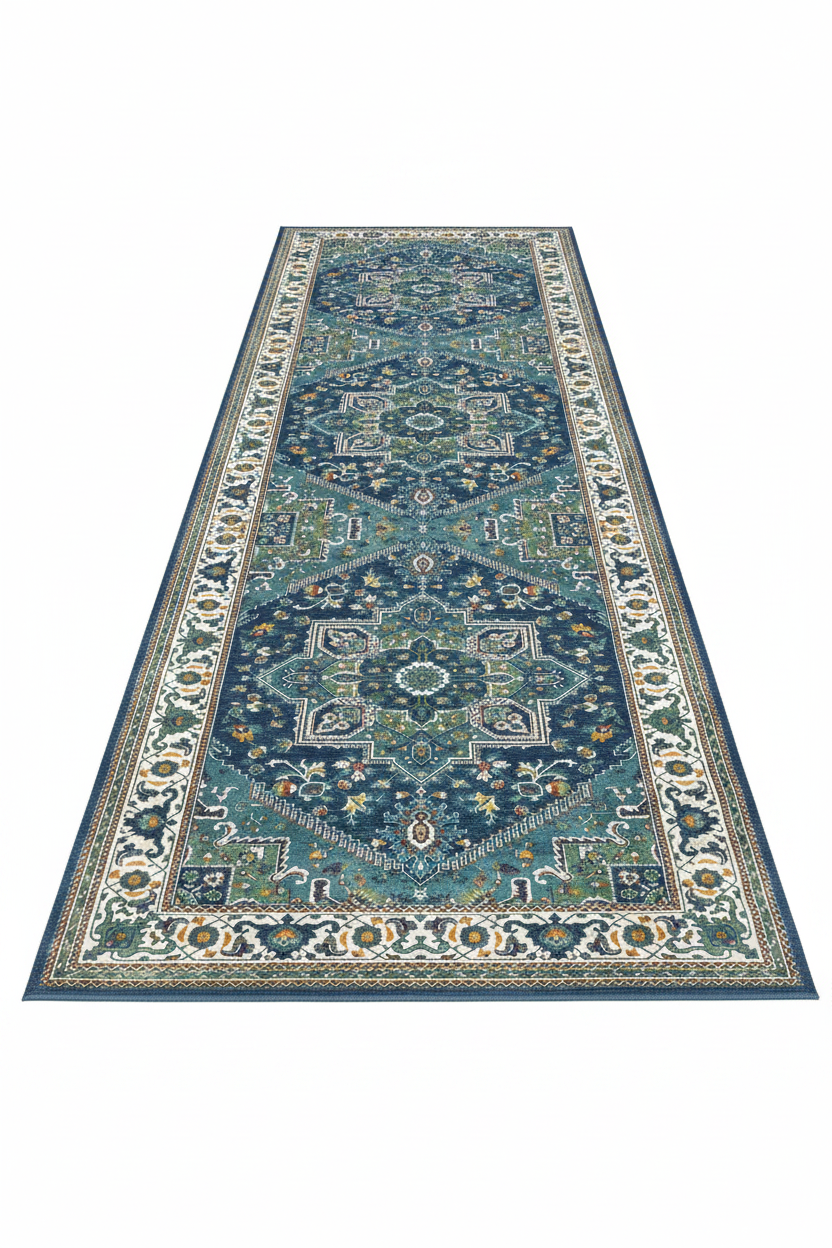 Tapis de Couloir Oriental Bleu Canard et Ivoire — Motif Médaillon Vintage — Tapis Long Antidérapant