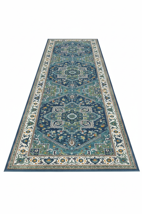 Tapis de Couloir Oriental Bleu Canard et Ivoire — Motif Médaillon Vintage — Tapis Long Antidérapant