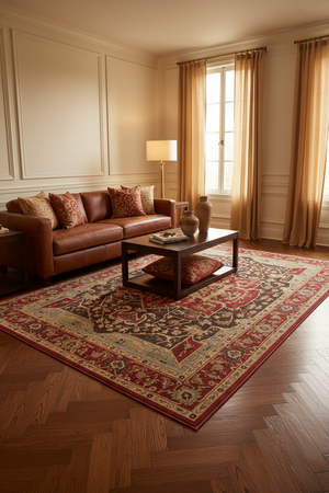 Tapis de Salon Oriental Rouge et Marron — Motif Médaillon Losange Vintage — Grand Tapis Antidérapant