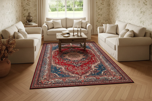 Tapis de Salon Oriental Rouge et Bleu Foncé — Motif Médaillon Vintage — Grand Tapis Antidérapant
