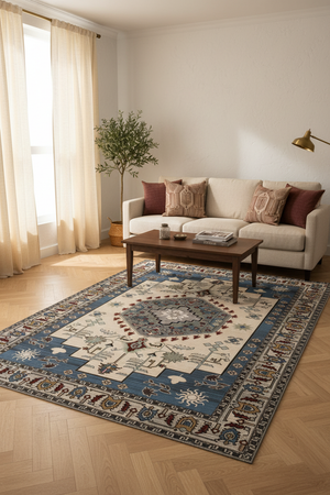 Tapis de Salon Oriental Bleu Ciel et Crème — Motif Médaillon Tribal Ethnique — Grand Tapis Antidérapant