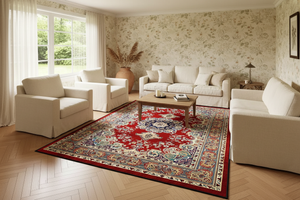 Tapis de Salon Oriental Rouge et Bleu Nuit — Motif Médaillon Fleuri Vintage — Grand Tapis Antidérapant