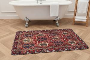 Tapis de Bain Oriental Rouge et Bleu Marine — Motif Géométrique Tribal — Tapis de Salle de Bain Antidérapant