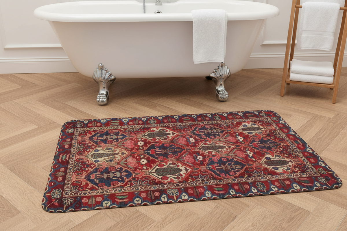 Tapis de Bain Oriental Rouge et Bleu Marine — Motif Géométrique Tribal — Tapis de Salle de Bain Antidérapant