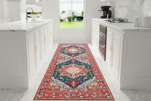 Tapis de Cuisine Oriental Long Rouge et Bleu Marine — Motif Médaillon Vintage — Tapis Antidérapant