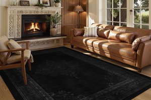 Tapis de Salon Oriental Noir — Motif Médaillon Floral — Grand Tapis Antidérapant