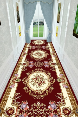 Tapis de Couloir Oriental Bordeaux et Ivoire — Motif Aubusson Fleuri — Tapis Long Antidérapant