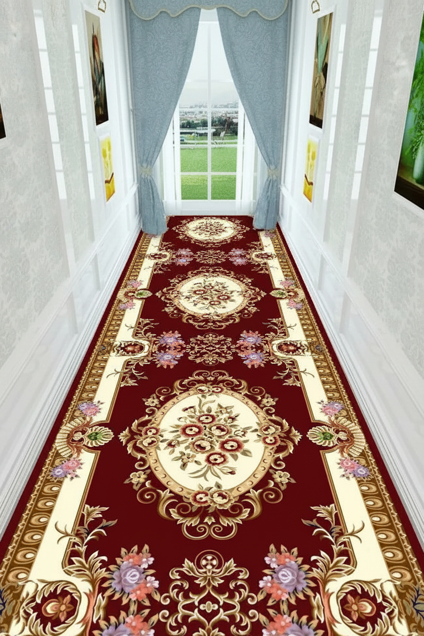 Tapis de Couloir Oriental Bordeaux et Ivoire — Motif Aubusson Fleuri — Tapis Long Antidérapant