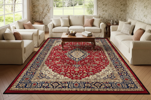 Tapis de Salon Oriental Rouge et Bleu Marine — Motif Médaillon Fleuri Vintage — Grand Tapis Antidérapant
