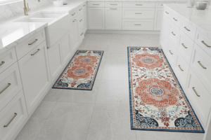 Tapis de Cuisine Oriental Ivoire et Bleu — Set 2 Pièces Motif Rosace Florale — Tapis Antidérapant
