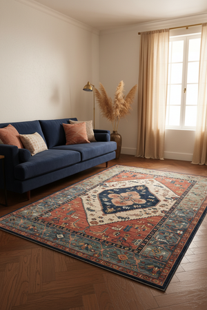 Tapis de Salon Oriental Terracotta et Bleu Marine — Motif Médaillon Tribal Ethnique — Grand Tapis Antidérapant