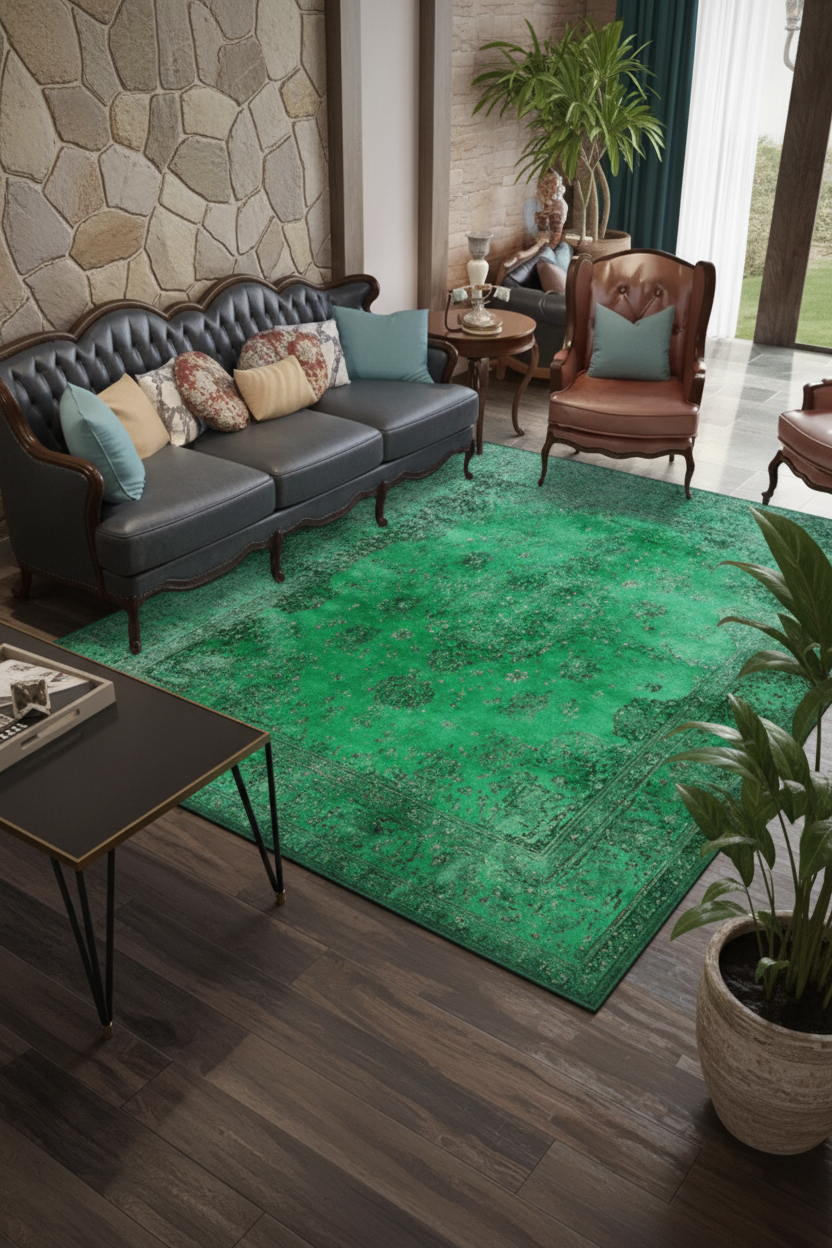 Tapis de Salon Oriental Vert Émeraude — Motif Floral Texturé Vintage — Grand Tapis Antidérapant