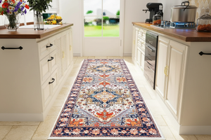 Tapis de Cuisine Oriental Long Ivoire et Corail — Motif Médaillon Vintage — Tapis Antidérapant