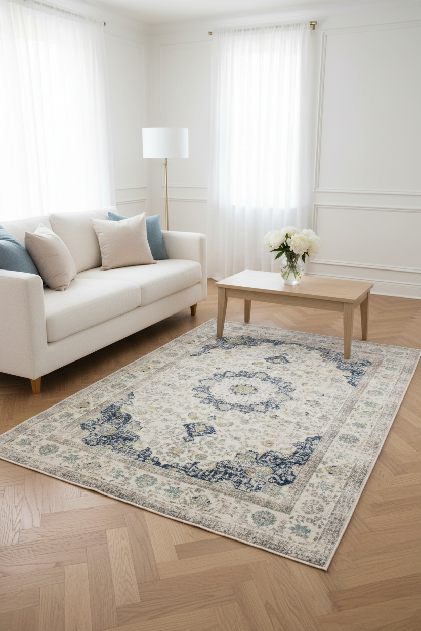 Tapis de Salon Oriental Crème et Bleu Marine — Motif Médaillon Floral Délavé — Grand Tapis Antidérapant