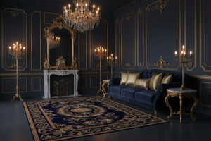 Tapis de Salon Oriental Bleu Marine et Doré — Motif Médaillon Royal Floral | Grand Tapis Antidérapant