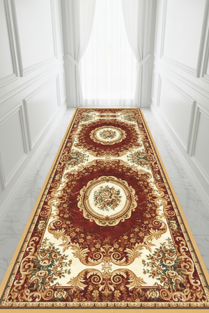 Tapis de Couloir Oriental Bordeaux et Ivoire — Motif Aubusson Fleuri —  Tapis Long Antidérapant