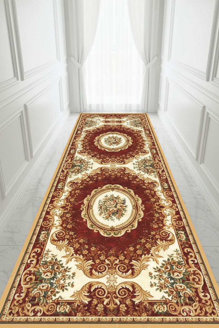 Tapis de Couloir Oriental Bordeaux et Ivoire — Motif Aubusson Fleuri —  Tapis Long Antidérapant