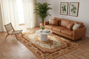 Tapis de Salon Oriental Camel et Marron — Motif Médaillon Floral Classique — Grand Tapis Antidérapant
