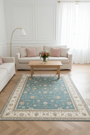 Tapis de Salon Oriental Bleu Canard et Crème — Motif Floral Classique — Grand Tapis Antidérapant