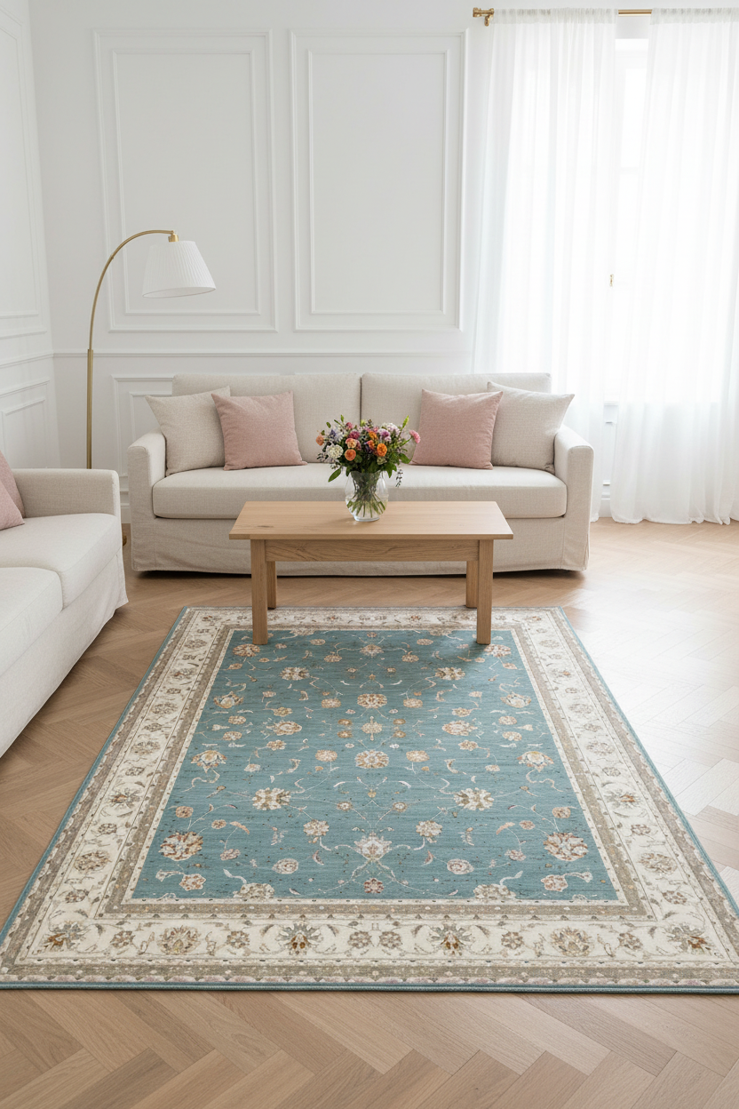 Tapis de Salon Oriental Bleu Canard et Crème — Motif Floral Classique — Grand Tapis Antidérapant