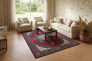 Tapis de Salon Oriental Rouge et Bleu Roi — Motif Médaillon Vintage — Grand Tapis Antidérapant