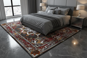 Tapis de Salon Oriental Rouge et Argent — Motif Médaillon Étoilé Luxe — Grand Tapis Antidérapant