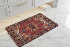 Tapis de Bain Oriental Rouge et Bleu Marine — Motif Médaillon Ethnique — Tapis de Salle de Bain Antidérapant