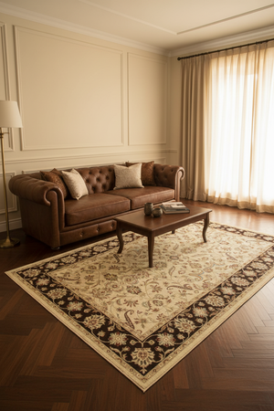 Tapis de Salon Oriental Ivoire et Marron — Motif Floral Classique — Grand Tapis Antidérapant
