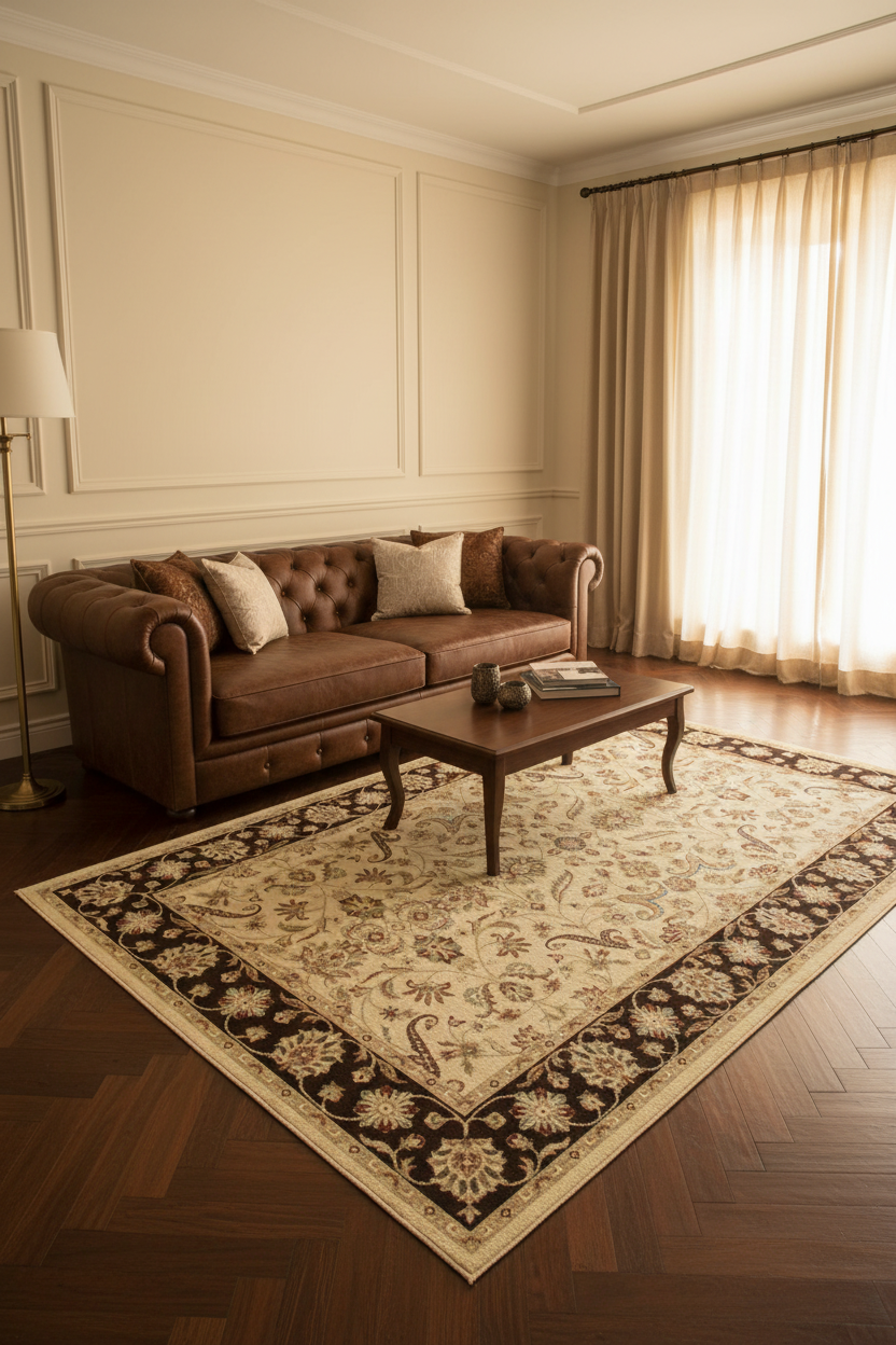 Tapis de Salon Oriental Ivoire et Marron — Motif Floral Classique — Grand Tapis Antidérapant