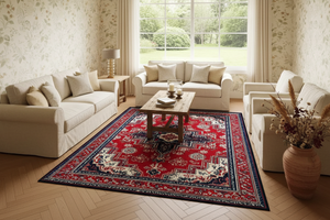 Tapis de Salon Oriental Rouge et Bleu Marine — Motif Médaillon Géométrique — Grand Tapis Antidérapant
