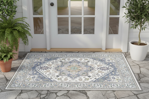 Tapis d'Entrée Oriental Ivoire et Bleu Pastel — Motif Géométrique Boho Ethnique — Tapis Antidérapant