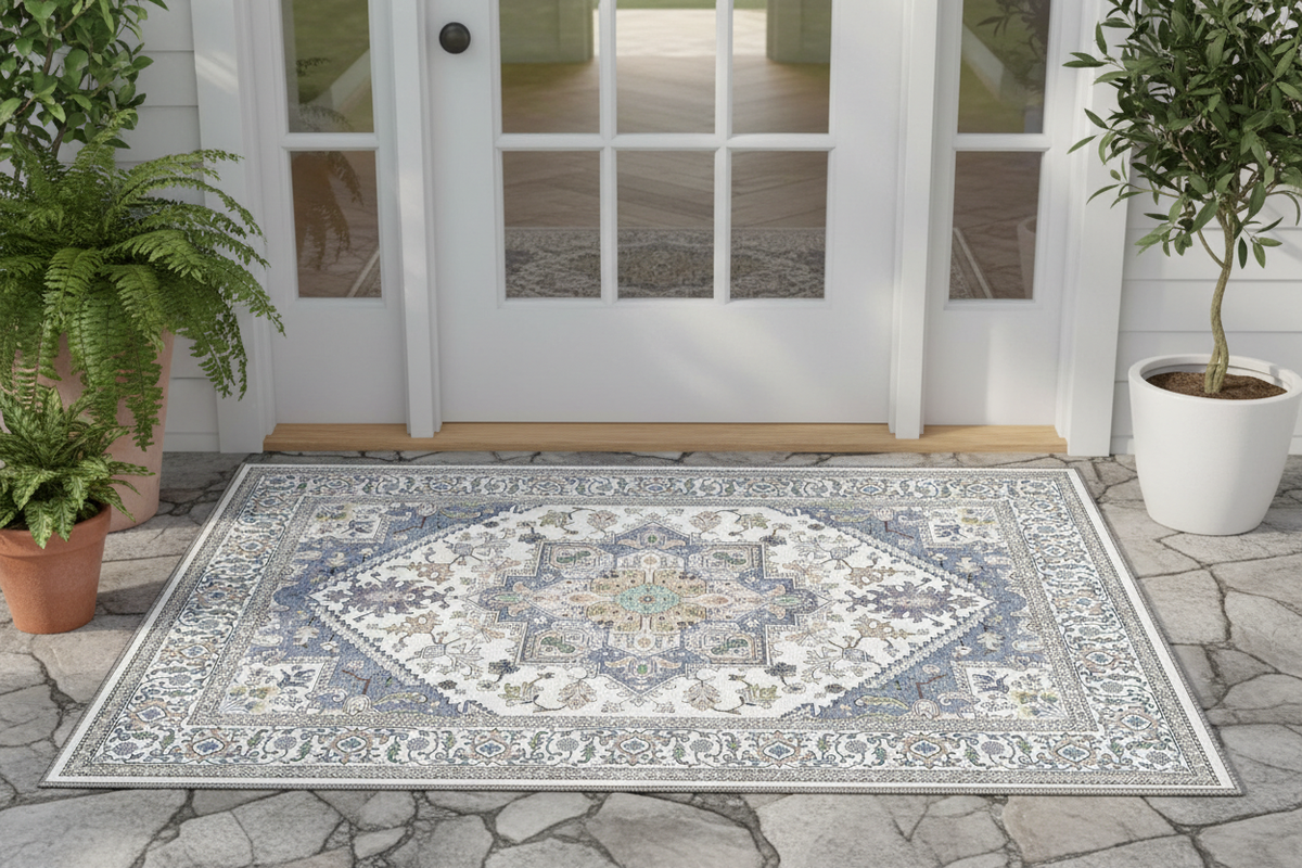 Tapis d'Entrée Oriental Ivoire et Bleu Pastel — Motif Géométrique Boho Ethnique — Tapis Antidérapant