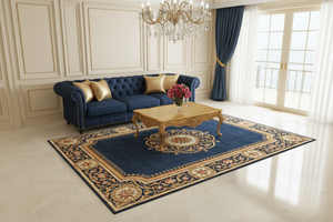 Tapis de Salon Oriental Bleu Marine et Doré — Motif Médaillon Floral Élégant — Grand Tapis Antidérapant