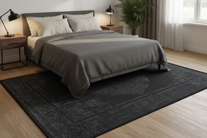 Tapis de Salon Oriental Noir — Motif Médaillon Vintage Délavé — Grand Tapis Antidérapant