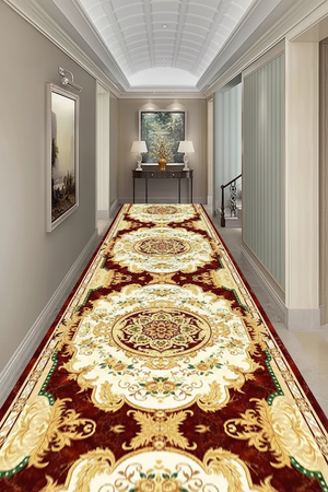 Tapis de Couloir Oriental Ivoire et Bordeaux — Motif Médaillon Baroque | Tapis Long Antidérapant