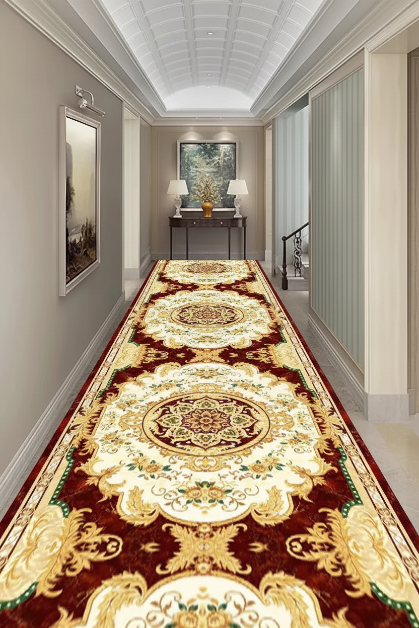 Tapis de Couloir Oriental Ivoire et Bordeaux — Motif Médaillon Baroque | Tapis Long Antidérapant
