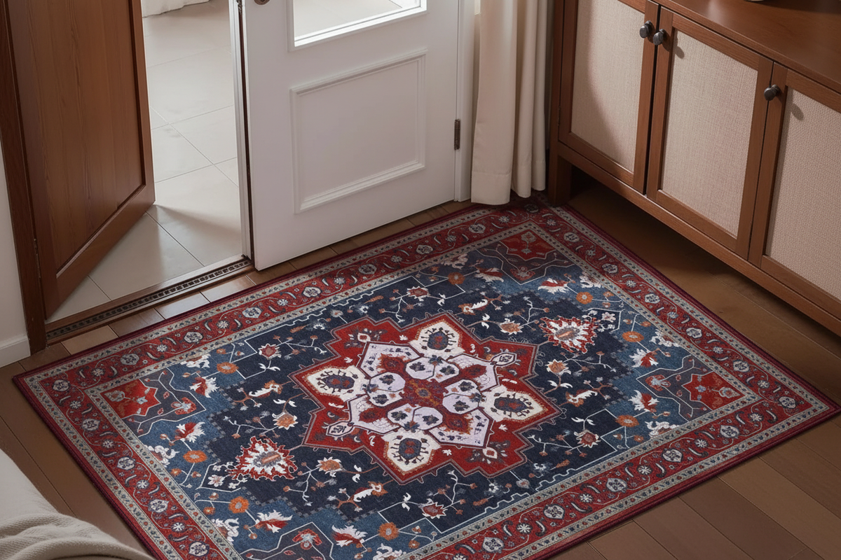 Tapis d'Entrée Oriental Bleu Marine et Rouge — Motif Médaillon Étoilé Vintage — Tapis d'Entrée Antidérapant