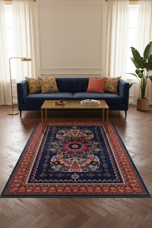 Tapis de Salon Oriental Bleu Marine et Rouge — Motif Médaillon Floral Coloré — Grand Tapis Antidérapant