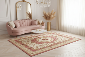 Tapis de Salon Oriental Rose et Crème — Motif Médaillon Floral Romantique — Grand Tapis Antidérapant