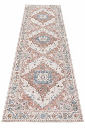 Tapis de Couloir Oriental Rose Poudré et Bleu — Motif Médaillon Vintage — Tapis Long Antidérapant