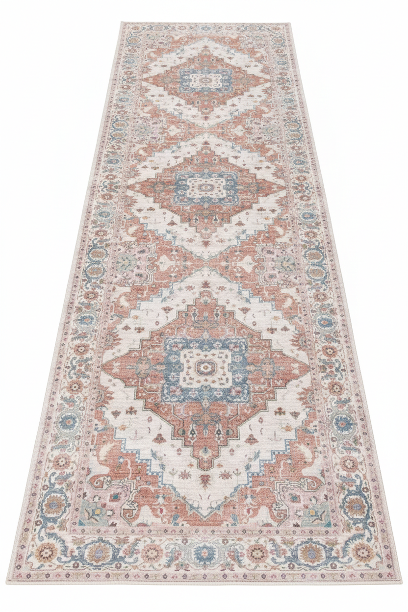 Tapis de Couloir Oriental Rose Poudré et Bleu — Motif Médaillon Vintage — Tapis Long Antidérapant